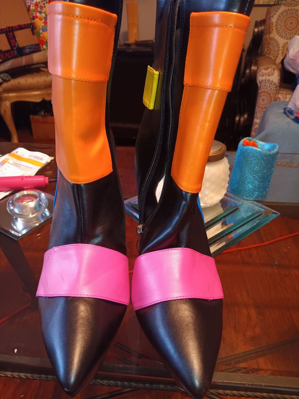 SHEIN Black Pointed Toe Ankle Boots with Pink & Orange Panels